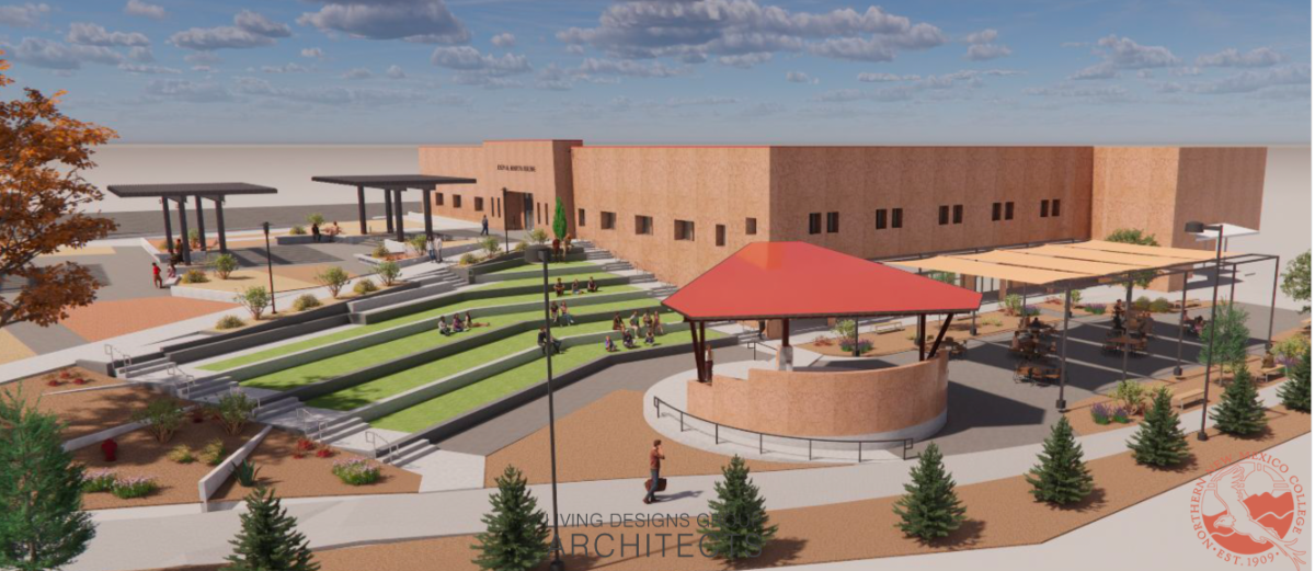 Living Designs Group Architects’ rendering of the proposed Cameron’s Place at Northern New Mexico College design, showing the amphitheater, stage and shade area adjacent to the Joseph M. Montoya Administrative building